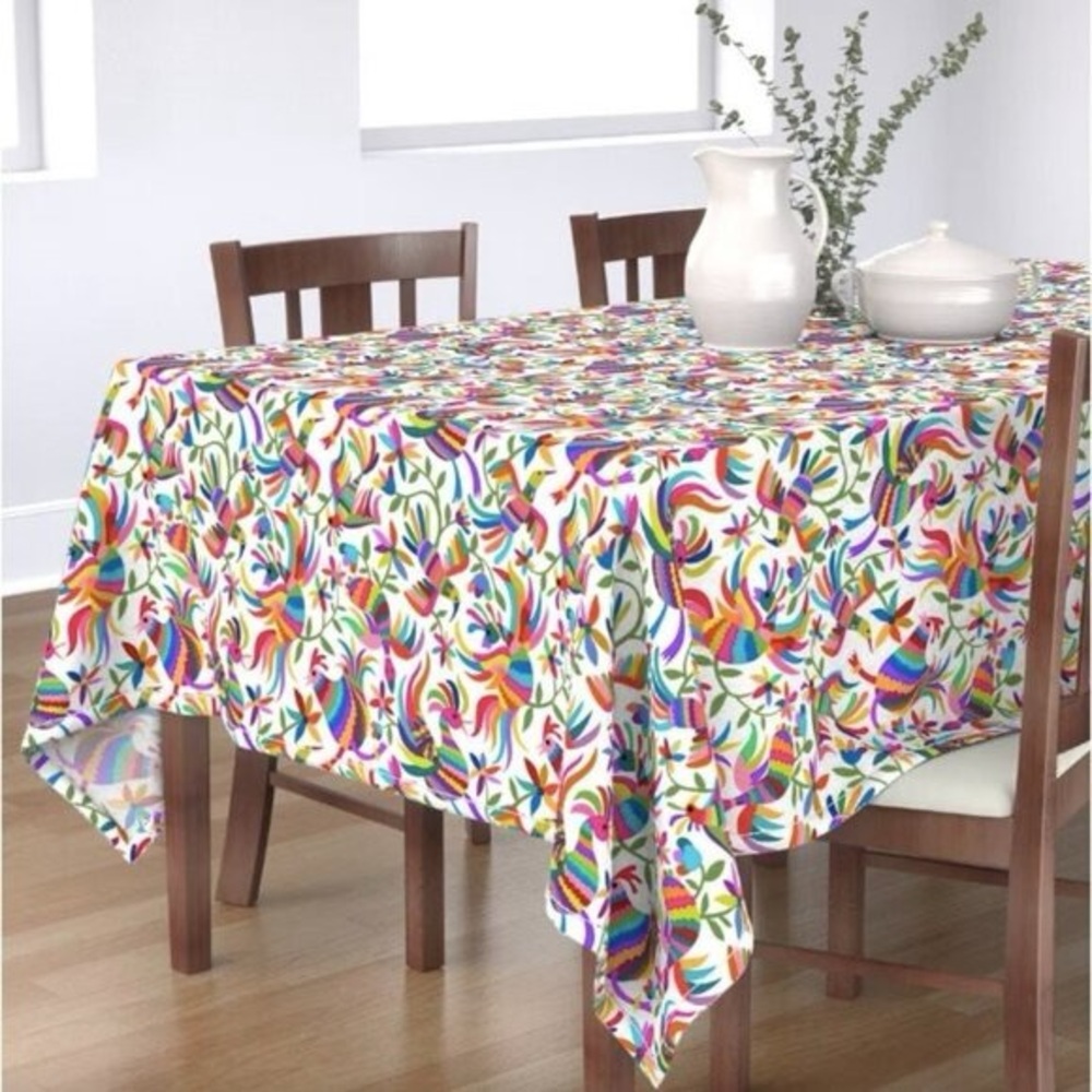 Osadia Handmade White Otomi Print Tablecloth  Yellow Trim